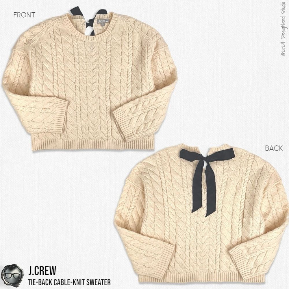 J.CREW TIE-BACK CABLE KNIT SWEATER IN BUTTERCREAM WITH BLACK BOW SLIGHT CROP MED - Picture 11 of 11